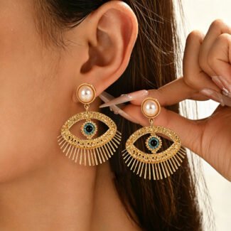 Golden Evil Eye Pearl Earrings